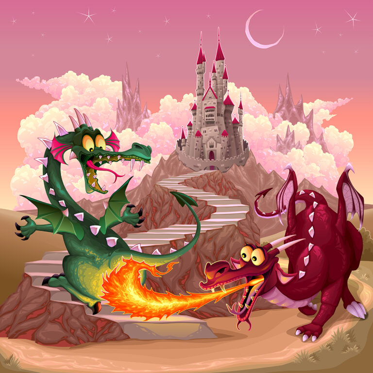 Funny dragons in a fantasy landscape with castle